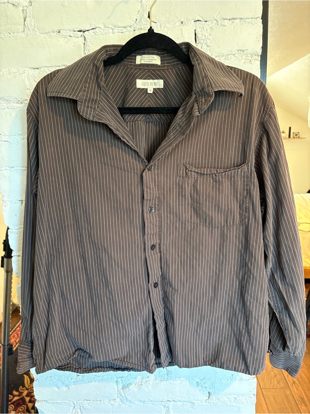 Relaxed Brown Pinstripe Button-Down Shirt by Eight Avenue
